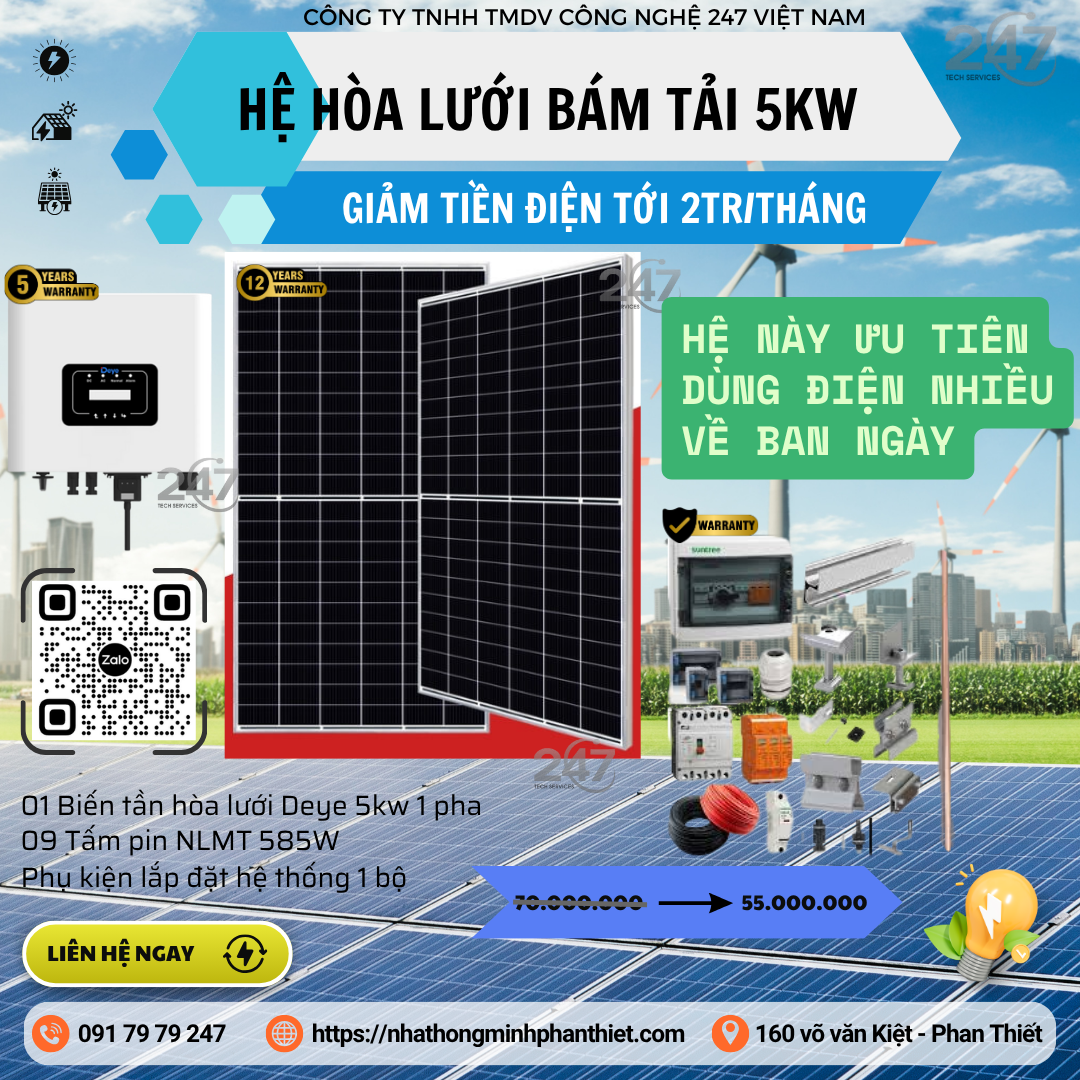 Hệ Thống Điện Mặt Trời Hòa Lưới Bám Tải 5kw